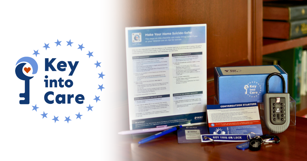 Key into Care logo and package contents including suicide-safer checklist, branded box, key lockbox, pens, postcard, keychains and magnet